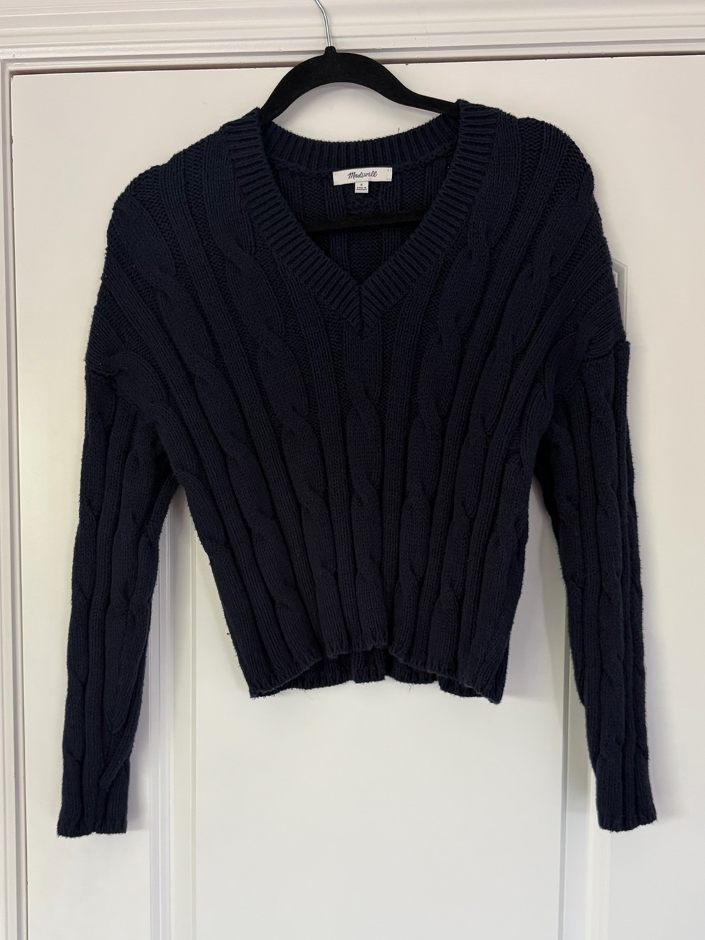 Madewell Dark Navy Cropped Cable-Knit V-Neck Sweater